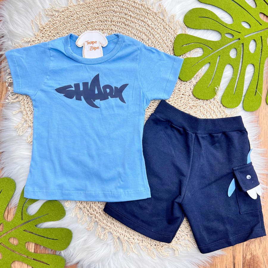 Conj. Camiseta Shark e Bermuda Interativa - Azul 